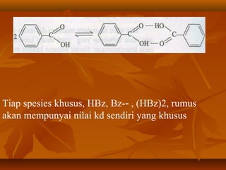 Tiap spesies khusus, HBz, Bz- , (HBz)2, rumus‑
akan mempunyai nilai kd sendiri yang khusus
 