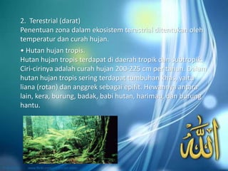 • Hutan hujan tropis.
Hutan hujan tropis terdapat di daerah tropik dan subtropik.
Ciri-cirinya adalah curah hujan 200-225 cm per tahun. Dalam
hutan hujan tropis sering terdapat tumbuhan khas, yaitu
liana (rotan) dan anggrek sebagai epifit. Hewannya antara
lain, kera, burung, badak, babi hutan, harimau, dan burung
hantu.
2. Terestrial (darat)
Penentuan zona dalam ekosistem terestrial ditentukan oleh
temperatur dan curah hujan.
 