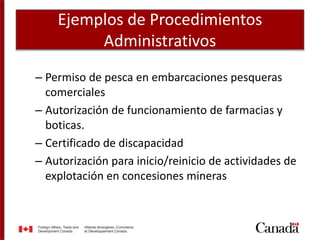 Ejemplos de Procedimientos
Administrativos
– Permiso de pesca en embarcaciones pesqueras
comerciales
– Autorización de funcionamiento de farmacias y
boticas.
– Certificado de discapacidad
– Autorización para inicio/reinicio de actividades de
explotación en concesiones mineras
 