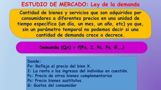 ESTUDIO DE MERCADO: Ley de la demanda
Cantidad de bienes y servicios que son adquiridos por
consumidores a diferentes precios en una unidad de
tiempo específica (un día, un mes, un año, etc) ya que,
sin un parámetro temporal no podemos decir si una
cantidad de demanda crece o decrece.
Demanda (Qx) = f(Px, I, Pc, Ps, G,…)
Donde:
Px: Refleja el precio del bien X.
I: La renta o los ingresos del individuo en cuestión.
Pc: Precio de otros bienes complementarios
Ps: Precio bienes sustitutos.
G: Gustos del consumidor
 