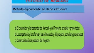 ESTUDIO DE MERCADO
Metodológicamente se debe estudiar:
 