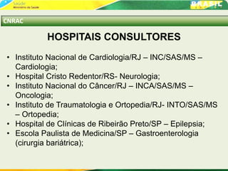 HOSPITAIS CONSULTORES
• Instituto Nacional de Cardiologia/RJ – INC/SAS/MS –
Cardiologia;
• Hospital Cristo Redentor/RS- Neurologia;
• Instituto Nacional do Câncer/RJ – INCA/SAS/MS –
Oncologia;
• Instituto de Traumatologia e Ortopedia/RJ- INTO/SAS/MS
– Ortopedia;
• Hospital de Clínicas de Ribeirão Preto/SP – Epilepsia;
• Escola Paulista de Medicina/SP – Gastroenterologia
(cirurgia bariátrica);
CNRAC
 
