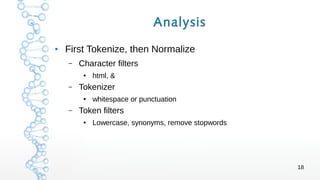 18
Analysis
●
First Tokenize, then Normalize
– Character filters
● html, &
– Tokenizer
● whitespace or punctuation
– Token...