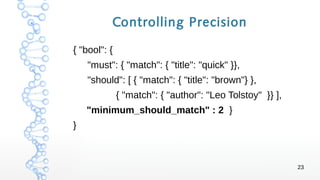 23
Controlling Precision
{ "bool": {
"must": { "match": { "title": "quick" }},
"should": [ { "match": { "title": "brown"} ...