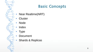 8
Basic Concepts
●
Near Realtime(NRT)
●
Cluster
●
Node
●
Index
●
Type
●
Document
●
Shards & Replicas
 