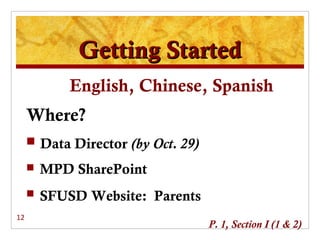 Getting Started
             English, Chinese, Spanish
     Where?
      Data Director (by Oct. 29)

        MPD SharePoint
        SFUSD Website: Parents
12
                                    P. 1, Section I (1 & 2)
 