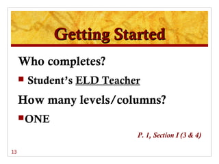 Getting Started
     Who completes?
        Student’s ELD Teacher
     How many levels/columns?
      ONE

                             P. 1, Section I (3 & 4)

13
 