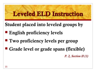 Leveled ELD Instruction
Student placed into leveled groups by
    English proficiency levels
    Two proficiency levels per group
    Grade level or grade spans (flexible)
                                  P. 2, Section II (1)


15
 