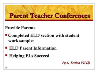 Parent Teacher Conferences
Provide Parents
 Completed    ELD section with student
     work samples
    ELD Parent Information
    Helping ELs Succeed
                              Pp 6, Section VII (2)
28
 