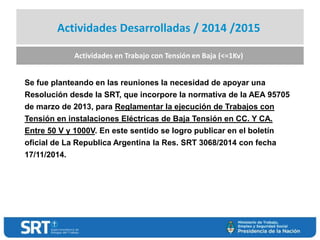 Actividades Desarrolladas / 2014 /2015
Actividades en Trabajo con Tensión en Baja (<=1Kv)
Se fue planteando en las reuniones la necesidad de apoyar una
Resolución desde la SRT, que incorpore la normativa de la AEA 95705
de marzo de 2013, para Reglamentar la ejecución de Trabajos con
Tensión en instalaciones Eléctricas de Baja Tensión en CC. Y CA.
Entre 50 V y 1000V. En este sentido se logro publicar en el boletín
oficial de La Republica Argentina la Res. SRT 3068/2014 con fecha
17/11/2014.
 
