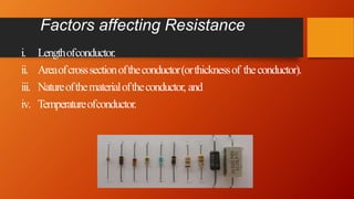 Factors affecting Resistance
i. Lengthofconductor.
ii. Areaofcrosssectionoftheconductor(orthicknessof theconductor).
iii. Natureofthematerialoftheconductor, and
iv. Temperatureofconductor.
 