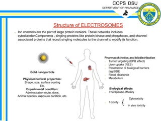 COPS DSU
DEPARTMENT OF PHARMACEUTICS
Structure of ELECTROSOMES
Ion channels are the part of large protein network. These networks includes
cytoskeletonComponents , singling proteins like protein kinase and phosphates, and channel-
associated proteins that recruit singling molecules to the channel to modify its function.
Gold nanoparticle
Physicochemical properties:
Shape, size, surface coating
Etc.
Experimental condition:
Administration route, dose,
Animal species, exposure duration, etc.
Pharmacokinetics and biodistribution
Tumor targeting (EPR effect)
Liver uptake (RES)
Penetration of biological barriers
(eg.BBB)
Renal clearance
Metabolism
Biological effects
Therapeutic efficacy
Toxicity {
Cytotoxicity
In vivo toxicity
 