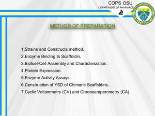 COPS DSU
DEPARTMENT OF PHARMACEUTICS
METHOD OF PREPARATION
1.Strains and Constructs method.
2.Enzyme Binding to Scaffoldin.
3.Biofuel-Cell Assembly and Characterization.
4.Protein Expression.
5.Enzyme Activity Assays.
6.Construction of YSD of Chimeric Scaffoldins.
7.Cyclic Voltammetry (CV) and Chronoamperometry (CA)
 