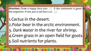Direction: Draw a happy face icon if the statement is good for
the organism. If not, put a sad face icon
1.Cactus in the desert.
2.Polar bear in the arctic environment.
3. Dark water in the river for shrimp.
4.Green grass in an open field for goats.
5.Soil nutrients for plants.
 