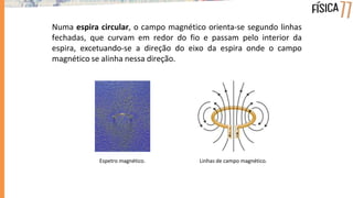 Numa espira circular, o campo magnético orienta-se segundo linhas
fechadas, que curvam em redor do fio e passam pelo interior da
espira, excetuando-se a direção do eixo da espira onde o campo
magnético se alinha nessa direção.
Espetro magnético. Linhas de campo magnético.
 