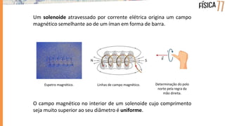 Um solenoide atravessado por corrente elétrica origina um campo
magnético semelhante ao de um íman em forma de barra.
Espetro magnético.
O campo magnético no interior de um solenoide cujo comprimento
seja muito superior ao seu diâmetro é uniforme.
Linhas de campo magnético. Determinação do polo
norte pela regra da
mão direita.
 
