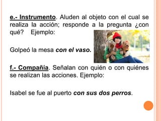 e.- Instrumento. Aluden al objeto con el cual se
realiza la acción; responde a la pregunta ¿con
qué? Ejemplo:
Golpeó la mesa con el vaso.
f.- Compañía. Señalan con quién o con quiénes
se realizan las acciones. Ejemplo:
Isabel se fue al puerto con sus dos perros.
 