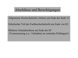 Abschlüsse und Berechtigungen

Allgemeine Hochschulreife (Abitur) am Ende der Stufe 12

Schulischer Teil der Fachhochschulreife am Ende von Q1

Mittlerer Schulabschluss am Ende der EF
(Voraussetzung u.a.: Teilnahme an zentralen Prüfungen!)
 