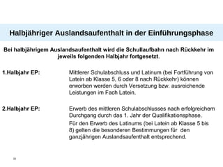 Halbjähriger Auslandsaufenthalt in der Einführungsphase

Bei halbjährigem Auslandsaufenthalt wird die Schullaufbahn nach Rückkehr im
                   jeweils folgenden Halbjahr fortgesetzt.

1.Halbjahr EP:         Mittlerer Schulabschluss und Latinum (bei Fortführung von
                       Latein ab Klasse 5, 6 oder 8 nach Rückkehr) können
                       erworben werden durch Versetzung bzw. ausreichende
                       Leistungen im Fach Latein.

2.Halbjahr EP:         Erwerb des mittleren Schulabschlusses nach erfolgreichem
                       Durchgang durch das 1. Jahr der Qualifikationsphase.
                       Für den Erwerb des Latinums (bei Latein ab Klasse 5 bis
                       8) gelten die besonderen Bestimmungen für den
                       ganzjährigen Auslandsaufenthalt entsprechend.


    33
 