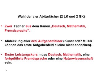 Wahl der vier Abiturfächer (2 LK und 2 GK) Zwei   Fächer  aus  dem Kanon „Deutsch, Mathematik, Fremdsprache “. Abdeckung aller  drei Aufgabenfelder  (Kunst oder Musik können das erste Aufgabenfeld alleine nicht abdecken). Erster Leistungskurs  muss  Deutsch, Mathematik , eine  fortgeführte Fremdsprache  oder eine  Naturwissenschaft  sein. 