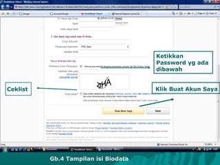 Ketikkan
                                      Password yg ada
                                      dibawah


Ceklist                               Klik Buat Akun Saya




          Gb.4 Tampilan isi Biodata
 