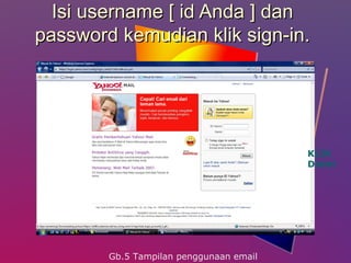 Isi username [ id Anda ] dan
password kemudian klik sign-in.




                                         KLIK
                                         Disini




        Gb.5 Tampilan penggunaan email
 