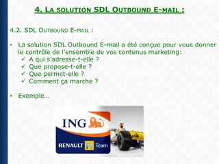 4. LA   SOLUTION   SDL OUTBOUND E-MAIL :

4.2. SDL OUTBOUND E-MAIL :

• La solution SDL Outbound E-mail a été conçue pour vous donner
  le contrôle de l’ensemble de vos contenus marketing:
    A qui s’adresse-t-elle ?
    Que propose-t-elle ?
    Que permet-elle ?
    Comment ça marche ?

• Exemple…
 