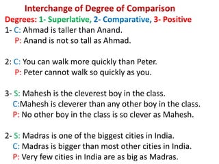 Interchange of Degree of Comparison
Degrees: 1- Superlative, 2- Comparative, 3- Positive
1- C: Ahmad is taller than Anand.
P: Anand is not so tall as Ahmad.
2: C: You can walk more quickly than Peter.
P: Peter cannot walk so quickly as you.
3- S: Mahesh is the cleverest boy in the class.
C:Mahesh is cleverer than any other boy in the class.
P: No other boy in the class is so clever as Mahesh.
2- S: Madras is one of the biggest cities in India.
C: Madras is bigger than most other cities in India.
P: Very few cities in India are as big as Madras.
 