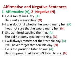 Affirmative and Negative Sentences
1- Affirmative (A), 2- Negative (N)
1- He is sometimes lazy. (A)
He is not always active. (N)
2- I was doubtful whether he would marry her. (A)
I was not sure that he would marry her. (N)
3- She admitted stealing the ring. (A)
She did not deny stealing the ring. (N)
4- I will always remember that terrible day. (A)
I will never forget that terrible day. (N)
5- He is too proud to listen to me. (A)
He is so proud that he won’t listen to me. (N)
 