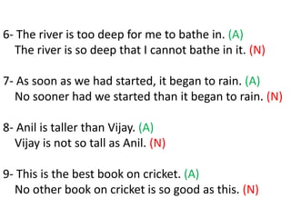 6- The river is too deep for me to bathe in. (A)
The river is so deep that I cannot bathe in it. (N)
7- As soon as we had started, it began to rain. (A)
No sooner had we started than it began to rain. (N)
8- Anil is taller than Vijay. (A)
Vijay is not so tall as Anil. (N)
9- This is the best book on cricket. (A)
No other book on cricket is so good as this. (N)
 