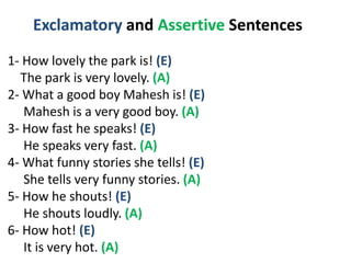 Exclamatory and Assertive Sentences
1- How lovely the park is! (E)
The park is very lovely. (A)
2- What a good boy Mahesh is! (E)
Mahesh is a very good boy. (A)
3- How fast he speaks! (E)
He speaks very fast. (A)
4- What funny stories she tells! (E)
She tells very funny stories. (A)
5- How he shouts! (E)
He shouts loudly. (A)
6- How hot! (E)
It is very hot. (A)
 