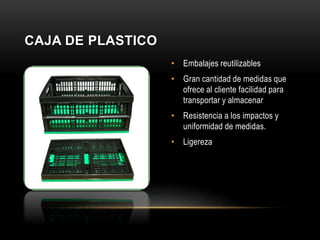 • Embalajes reutilizables
• Gran cantidad de medidas que
ofrece al cliente facilidad para
transportar y almacenar
• Resistencia a los impactos y
uniformidad de medidas.
• Ligereza
CAJA DE PLASTICO
 