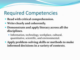 Required Competencies
 Read with critical comprehension.
 Write clearly and coherently.
 Demonstrate and apply literacy across all the
disciplines.
 Information, technology, workplace, cultural,
quantitative, scientific, and environmental.
 Apply problem-solving skills or methods to make
informed decisions in a variety of contexts.
 