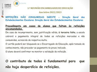 1.ª REUNIÃO ENCARREGADOS DE EDUCAÇÃO
Ano letivo 2022/2023
REFEIÇÕES NÃO CONSUMIDAS DGESTE - Direção Geral dos
Estabelecimentos Escolares Direção Geral dos Estabelecimentos Escolares
Procedimento em casos de alunos que faltam às refeições
encomendadas.
Em caso de incumprimento, sem justificação válida, à terceira falta, a escola
cobrará o pagamento integral de todas as refeições marcadas e não
consumidas, acrescido da respetiva multa.
O cartão poderá ser bloqueado se o Encarregado de Educação, após tomada de
conhecimento, não proceder ao pagamento no prazo indicado.
O aluno deverá confirmar no monitor a validação da refeição.
O contributo de todos é fundamental para que
não haja desperdício de refeições.
 