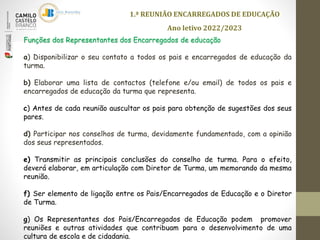 Funções dos Representantes dos Encarregados de educação
a) Disponibilizar o seu contato a todos os pais e encarregados de educação da
turma.
b) Elaborar uma lista de contactos (telefone e/ou email) de todos os pais e
encarregados de educação da turma que representa.
c) Antes de cada reunião auscultar os pais para obtenção de sugestões dos seus
pares.
d) Participar nos conselhos de turma, devidamente fundamentado, com a opinião
dos seus representados.
e) Transmitir as principais conclusões do conselho de turma. Para o efeito,
deverá elaborar, em articulação com Diretor de Turma, um memorando da mesma
reunião.
f) Ser elemento de ligação entre os Pais/Encarregados de Educação e o Diretor
de Turma.
g) Os Representantes dos Pais/Encarregados de Educação podem promover
reuniões e outras atividades que contribuam para o desenvolvimento de uma
cultura de escola e de cidadania.
1.ª REUNIÃO ENCARREGADOS DE EDUCAÇÃO
Ano letivo 2022/2023
 