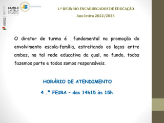 O diretor de turma é fundamental na promoção do
envolvimento escola-família, estreitando os laços entre
ambos, na tal rede educativa da qual, no fundo, todos
fazemos parte e todos somos responsáveis.
HORÁRIO DE ATENDIMENTO
4 .ª FEIRA – das 14h15 às 15h
1.ª REUNIÃO ENCARREGADOS DE EDUCAÇÃO
Ano letivo 2022/2023
 