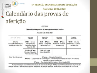 Calendário das provas de
aferição
1.ª REUNIÃO ENCARREGADOS DE EDUCAÇÃO
Ano letivo 2022/2023
 