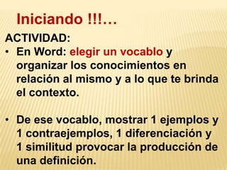 Iniciando !!!…
ACTIVIDAD:
• En Word: elegir un vocablo y
  organizar los conocimientos en
  relación al mismo y a lo que te brinda
  el contexto.

• De ese vocablo, mostrar 1 ejemplos y
  1 contraejemplos, 1 diferenciación y
  1 similitud provocar la producción de
  una definición.
 