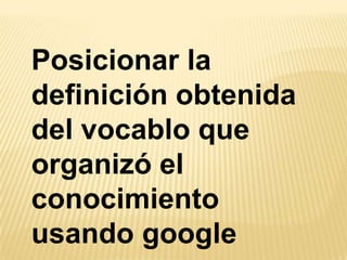 Posicionar la
definición obtenida
del vocablo que
organizó el
conocimiento
usando google
 