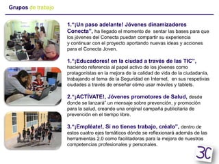 Grupos de trabajo
1.“¡Un paso adelante! Jóvenes dinamizadores
Conecta”, ha llegado el momento de sentar las bases para que
los jóvenes del Conecta puedan compartir su experiencia
y continuar con el proyecto aportando nuevas ideas y acciones
para el Conecta Joven.
1.“¡Educadores! en la ciudad a través de las TIC”,
haciendo referencia al papel activo de los jóvenes como
protagonistas en la mejora de la calidad de vida de la ciudadanía,
trabajando el tema de la Seguridad en Internet, en sus respetivas
ciudades a través de enseñar cómo usar móviles y tablets.
2.“¡ACTÍVATE!, Jóvenes promotores de Salud, desde
donde se lanzará” un mensaje sobre prevención, y promoción
para la salud, creando una original campaña publicitaria de
prevención en el tiempo libre.
3.“¡Empléate!, Si no tienes trabajo, créalo”, dentro de
estos cuatro ejes temáticos dónde se reflexionará además de las
herramientas 2.0 como facilitadoras para la mejora de nuestras
competencias profesionales y personales.
 
