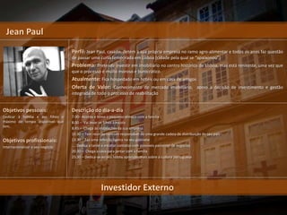 Jean Paul
                                   Perfil: Jean Paul, casado, detém a sua própria empresa no ramo agro-alimentar e todos os anos faz questão
                                   de passar uma curta temporada em Lisboa (cidade pela qual se “apaixonou”)
                                   Problema: Pretende investir em imobiliário no centro histórico de Lisboa, mas está renitente, uma vez que
                                   que o processo é muito moroso e burocrático.
                                   Atualmente: Fica hospedado em hotéis ou em casa de amigos
                                   Oferta de Valor: Conhecimento do mercado imobiliário, apoio à decisão de investimento e gestão
                                   integrada de todo o processo de reabilitação


Objetivos pessoais:                Descrição do dia-a-dia
Dedicar à família e aos filhos o   7.00– Acorda e toma o pequeno almoço com a família
máximo de tempo disponível que     8.00 – Vai levar os filhos à escola
tem.                               8.45 – Chega às instalações da sua empresa
                                   10.30 – Tem reunião com um responsável de uma grande cadeia de distribuição do seu país
Objetivos profissionais:           13.30 - Faz uma refeição ligeira no seu gabinete
Internacionalizar o seu negócio    .... Dedica a tarde a encetar contatos com possíveis parceiros de negócios
                                   20.30 – Chega a casa para jantar com a família
                                   23.30 – Dedica-se ao seu hobby aprender mais sobre a cultura portuguesa




                                                    Investidor Externo
 