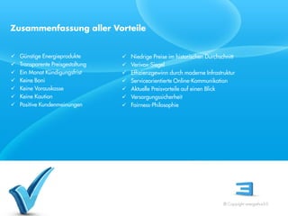 Zusammenfassung aller Vorteile


   Günstige Energieprodukte          Niedrige Preise im historischen Durchschnitt
   Transparente Preisgestaltung      Verivox-Siegel
   Ein Monat Kündigungsfrist         Effizienzgewinn durch moderne Infrastruktur
   Keine Boni                        Serviceorientierte Online-Kommunikation
   Keine Vorauskasse                 Aktuelle Preisvorteile auf einen Blick
   Keine Kaution                     Versorgungssicherheit
   Positive Kundenmeinungen          Fairness-Philosophie
Referent
Stand 08/08




                                                                              © Copyright energiehoch3.
 