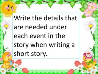 Write the details that
are needed under
each event in the
story when writing a
short story.
 