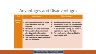 Test Advantages Disadvantages
Multiple
Choice 1. can measure the result of study
from the simple until the
complex
2. structured and clear instruction
3. Wrong alternative answer can
give diagnostic information
4. Impossible to guess the answer
5. The assessment is easy, objective,
and can be trusted
1. Need longer time to set the question
2. It so difficult to find the troublemaker
3. Less effective to measure some type
of the problem solving, the ability to
organize and express the idea.
4. The result can be influenced by the
good reading skill
Advantages and Disadvantages
 