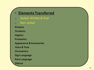  ElementsTransferred
1. Verbal- Written & Oral
2. Non-verbal
Kinesics
Oculesics
Haptics
Proxemics
Appearance &Accessories
Voice &Tone
Chronemics
Sign Language
Para Language
Silence
26
 