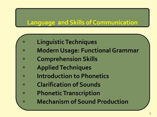 Language and Skills of Communication
 LinguisticTechniques
 Modern Usage: Functional Grammar
 Comprehension Skills
 AppliedTechniques
 Introduction to Phonetics
 Clarification of Sounds
 PhoneticTranscription
 Mechanism of Sound Production
3
 