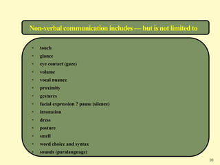 Non-verbal communication includes — but is not limited to
 touch
 glance
 eye contact (gaze)
 volume
 vocal nuance
 proximity
 gestures
 facial expression ? pause (silence)
 intonation
 dress
 posture
 smell
 word choice and syntax
 sounds (paralanguage)
36
 