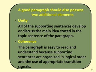 A good paragraph should also possess
two additional elements
 Unity
All of the supporting sentences develop
or discuss the main idea stated in the
topic sentence of the paragraph.
 Coherence
The paragraph is easy to read and
understand because supporting
sentences are organized in logical order
and the use of appropriate transition
signals.
54
 