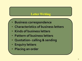 LetterWriting
 Business correspondence
 Characteristics of business letters
 Kinds of business letters
 Pattern of business letters
 Quotation- calling & sending
 Enquiry letters
 Placing an order
6
 