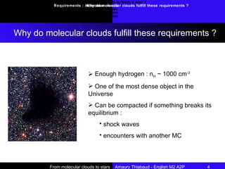 What’s needed to form a star ? Why do molecular clouds fulfill these requirements ? Introduction Requirements : molecular clouds Collapse Nuclear fire : a star is born Conclusion Why do molecular clouds fulfill these requirements ? From molecular clouds to stars  Amaury Thiabaud - English M2 A2P 4  Enough hydrogen : n H   ~ 1000 cm -3 One of the most dense object in the Universe Can be compacted if something breaks its equilibrium :  shock waves encounters with another MC 